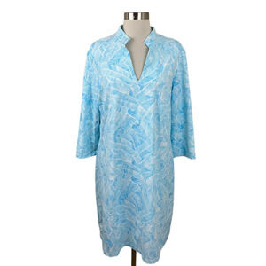 Mahi Gold XL Blue White V Neck Dress Beachy Coastal Travel